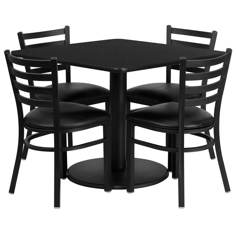 36'' Black Table Set with Base and 4 Ladder Back Metal Chairs - Black Vinyl Seat. Picture 2