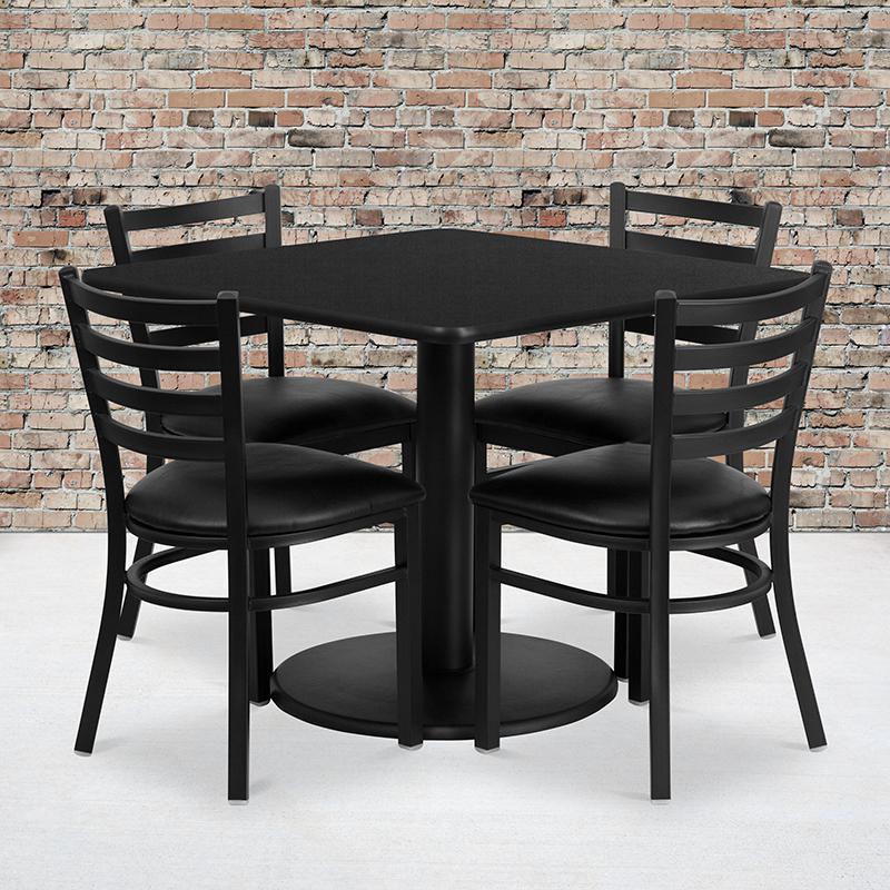 36'' Square Black Laminate Table Set with Round Base and 4 Ladder Back Metal Chairs - Black Vinyl Seat. Picture 1