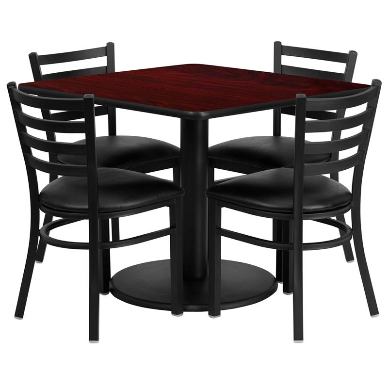36'' Square Mahogany Laminate Table Set with Round Base and 4 Ladder Back Metal Chairs - Black Vinyl Seat. Picture 1