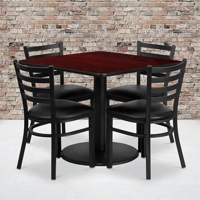 36'' Square Mahogany Laminate Table Set with Round Base and 4 Ladder Back Metal Chairs - Black Vinyl Seat. Picture 2
