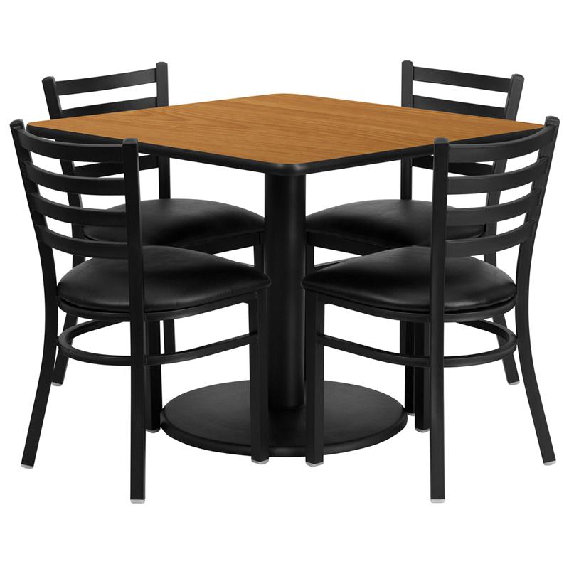 36'' Square Natural Laminate Table Set with Round Base and 4 Ladder Back Metal Chairs - Black Vinyl Seat. Picture 1