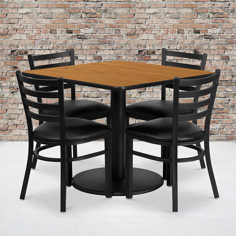 36'' Square Natural Laminate Table Set with Round Base and 4 Ladder Back Metal Chairs - Black Vinyl Seat. Picture 2