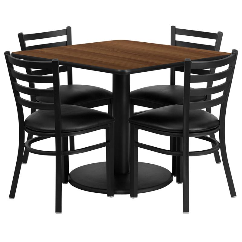 36'' Square Walnut Laminate Table Set with Round Base and 4 Ladder Back Metal Chairs - Black Vinyl Seat. Picture 1