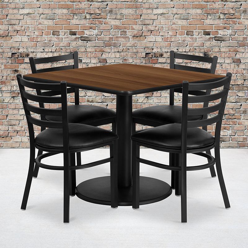 36'' Square Walnut Laminate Table Set with Round Base and 4 Ladder Back Metal Chairs - Black Vinyl Seat. Picture 2