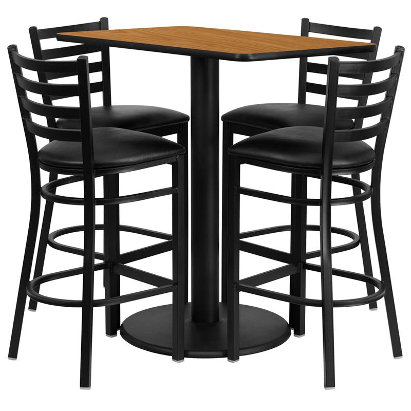 24'' x 42'' Rectangular Natural Laminate Table Set with 4 Ladder Back Metal Barstools - Black Vinyl Seat. The main picture.