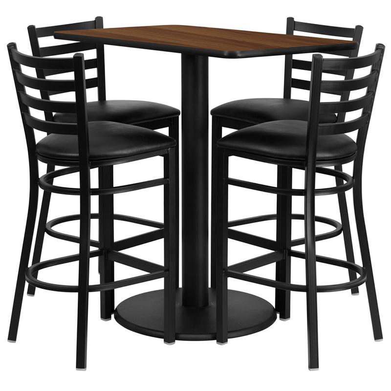 24'' x 42'' Walnut Table Set with 4 Metal Barstools - Black Vinyl Seat. Picture 2