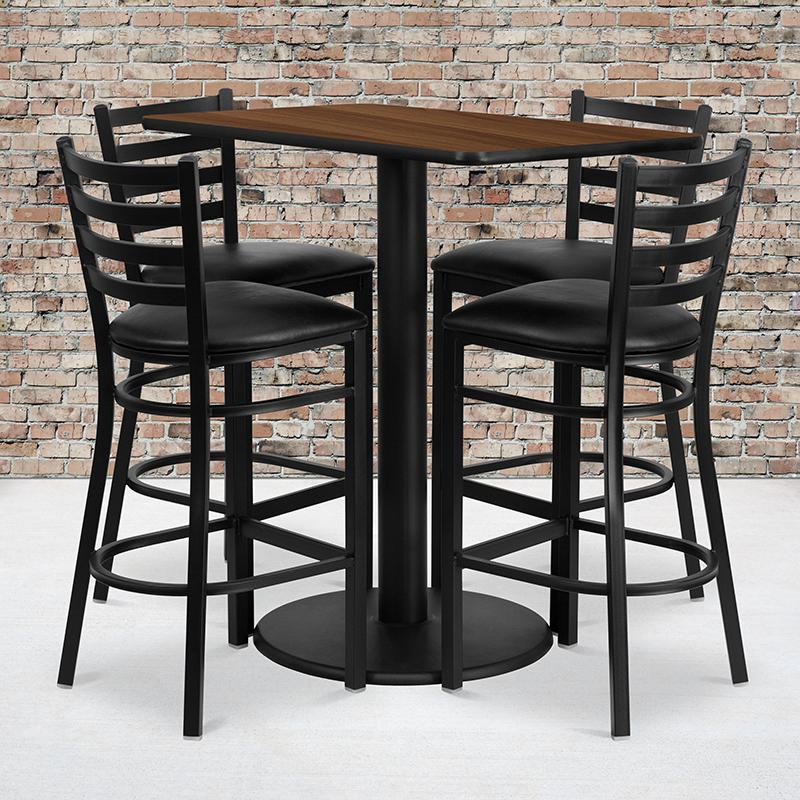 24'' x 42'' Walnut Table Set with 4 Metal Barstools - Black Vinyl Seat. Picture 1