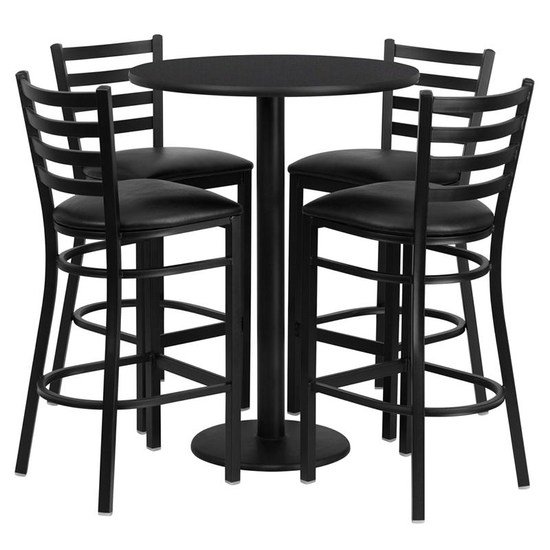 30'' Round Black Laminate Table Set with Round Base and 4 Ladder Back Metal Barstools - Black Vinyl Seat. Picture 1
