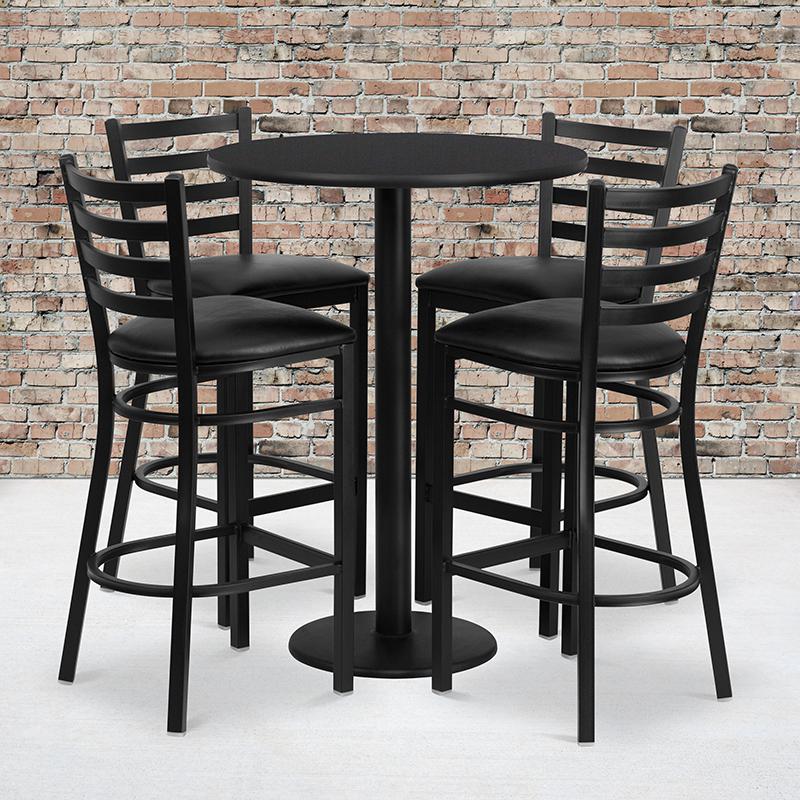 30'' Black Table Set with Base and 4 Metal Barstools - Black Vinyl Seat. Picture 1
