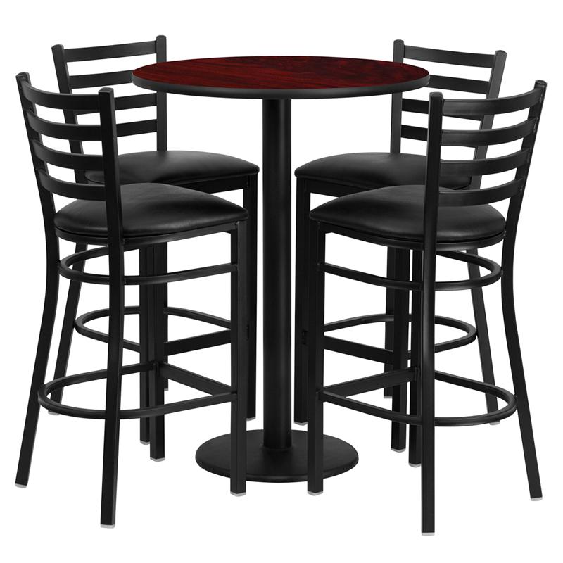 30'' Round Mahogany Laminate Table Set with Round Base and 4 Ladder Back Metal Barstools - Black Vinyl Seat. Picture 1