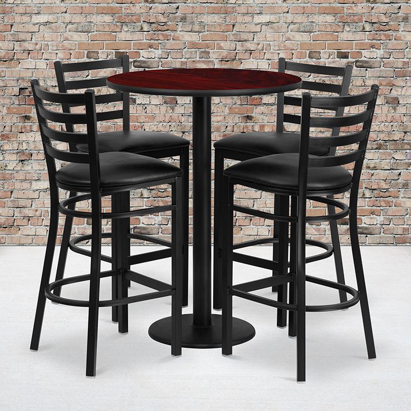 30'' Mahogany Table Set with Base and 4 Metal Barstools - Black Vinyl Seat. Picture 1
