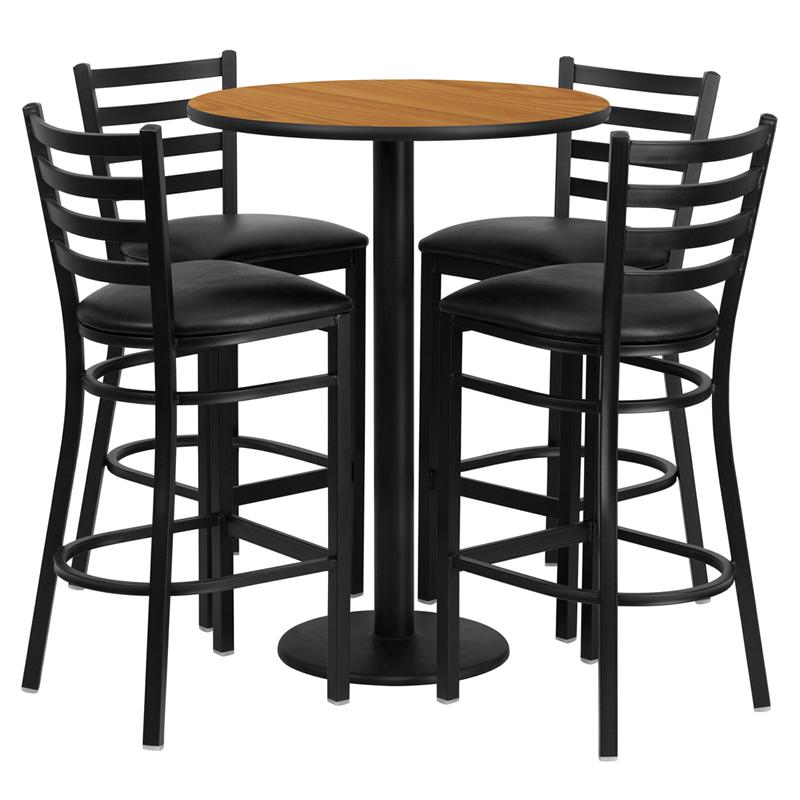 30'' Natural Table Set with Base and 4 Metal Barstools - Black Vinyl Seat. Picture 2