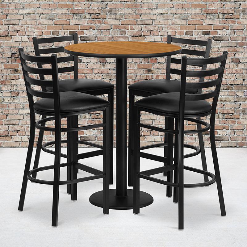 30'' Natural Table Set with Base and 4 Metal Barstools - Black Vinyl Seat. Picture 1