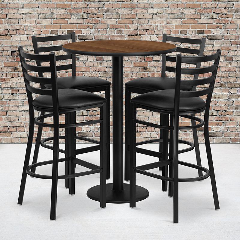 30'' Round Walnut Laminate Table Set with Round Base and 4 Ladder Back Metal Barstools - Black Vinyl Seat. Picture 1