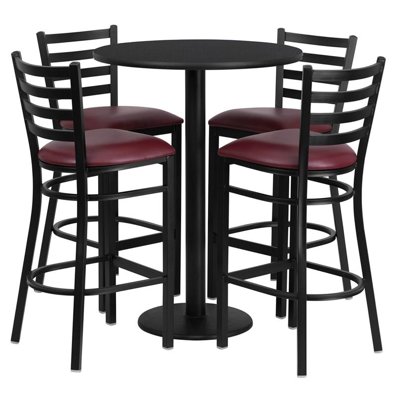 30'' Round Black Laminate Table Set with Round Base and 4 Ladder Back Metal Barstools - Burgundy Vinyl Seat. Picture 1