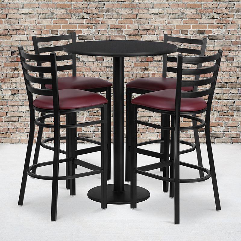 30'' Round Black Laminate Table Set with Round Base and 4 Ladder Back Metal Barstools - Burgundy Vinyl Seat. Picture 2