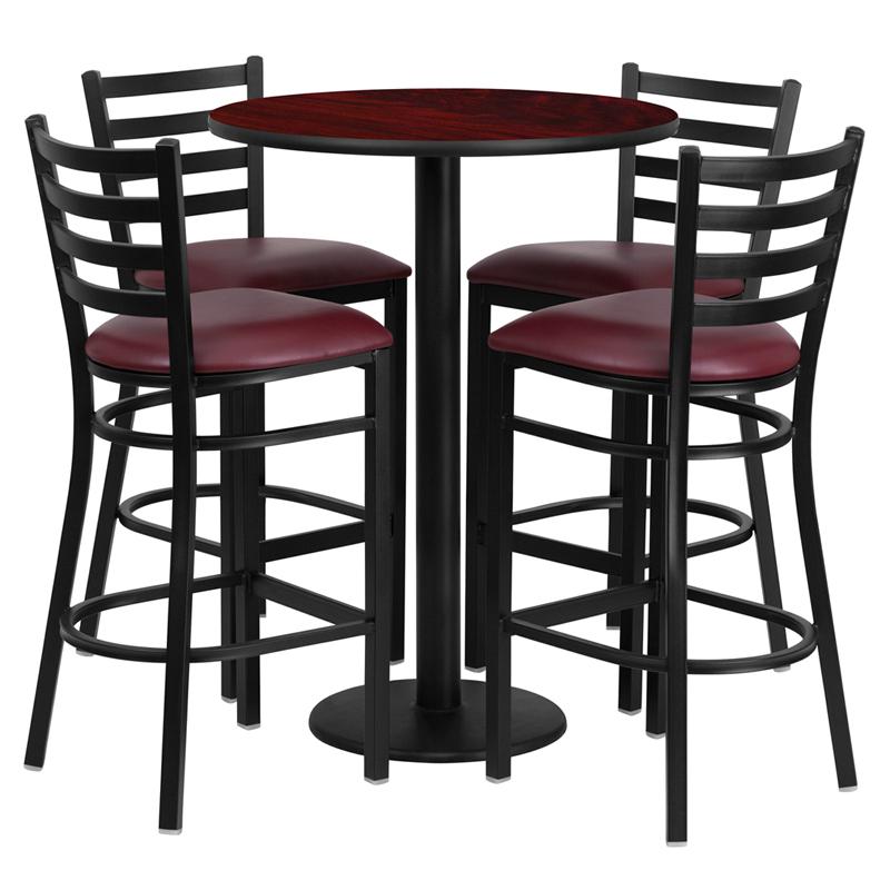 30'' Round Mahogany Laminate Table Set with Round Base and 4 Ladder Back Metal Barstools - Burgundy Vinyl Seat. Picture 1