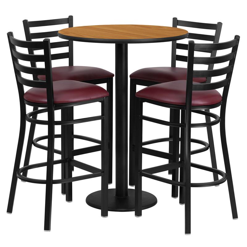30'' Round Natural Laminate Table Set with Round Base and 4 Ladder Back Metal Barstools - Burgundy Vinyl Seat. Picture 1