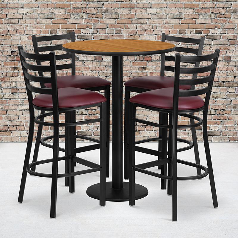 30'' Round Natural Laminate Table Set with Round Base and 4 Ladder Back Metal Barstools - Burgundy Vinyl Seat. Picture 2