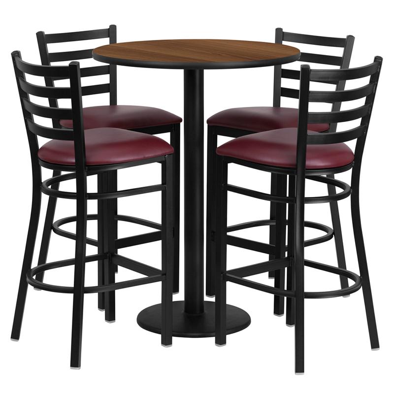 30'' Round Walnut Laminate Table Set with Round Base and 4 Ladder Back Metal Barstools - Burgundy Vinyl Seat. The main picture.