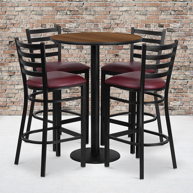 30'' Round Walnut Laminate Table Set with Round Base and 4 Ladder Back Metal Barstools - Burgundy Vinyl Seat. Picture 2