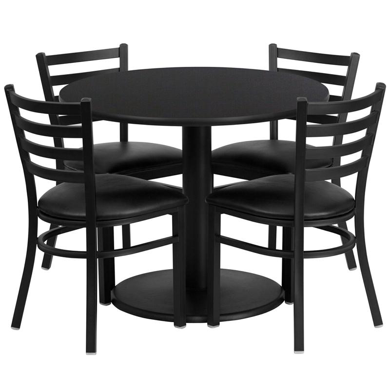 36'' Round Black Laminate Table Set with Round Base and 4 Ladder Back Metal Chairs - Black Vinyl Seat. The main picture.