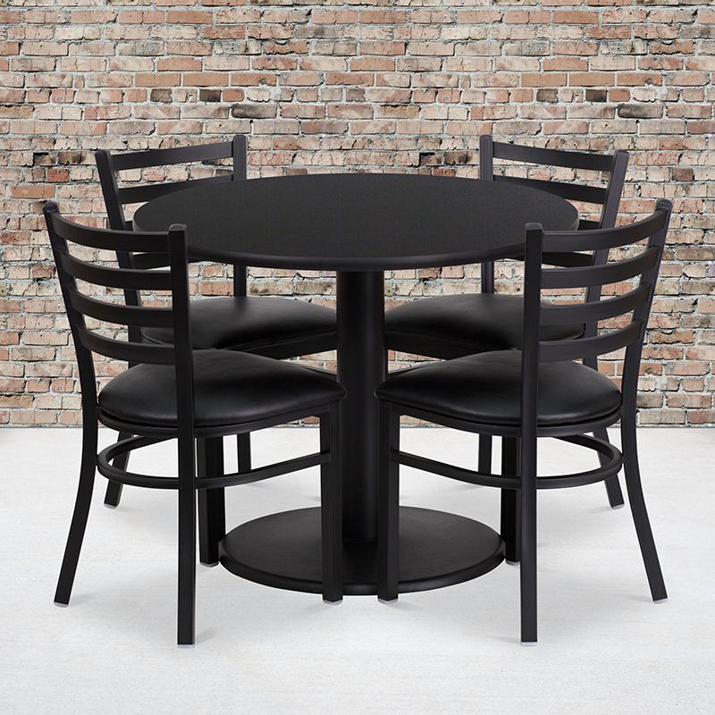 36'' Round Black Laminate Table Set with Round Base and 4 Ladder Back Metal Chairs - Black Vinyl Seat. Picture 2
