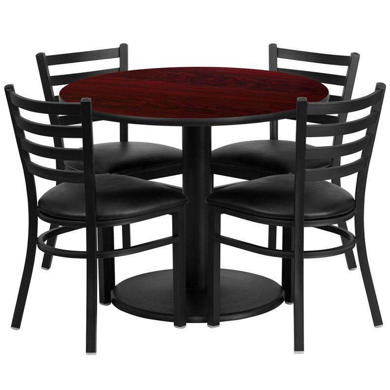 36'' Round Mahogany Laminate Table Set with Round Base and 4 Ladder Back Metal Chairs - Black Vinyl Seat. Picture 1