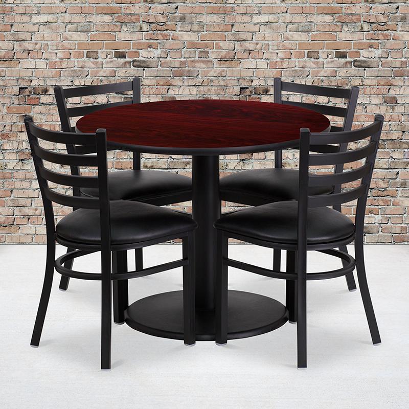 36'' Round Mahogany Laminate Table Set with Round Base and 4 Ladder Back Metal Chairs - Black Vinyl Seat. Picture 2