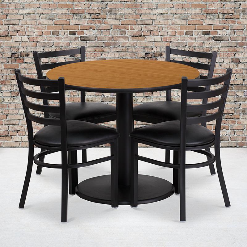 36'' Round Natural Laminate Table Set with Round Base and 4 Ladder Back Metal Chairs - Black Vinyl Seat. Picture 2