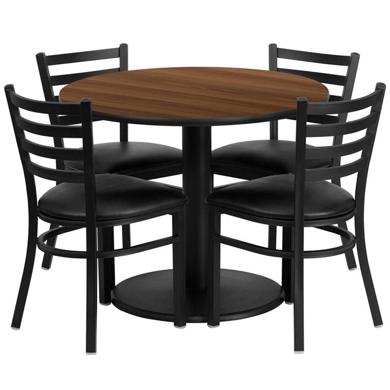 36'' Round Walnut Laminate Table Set with Round Base and 4 Ladder Back Metal Chairs - Black Vinyl Seat. Picture 1