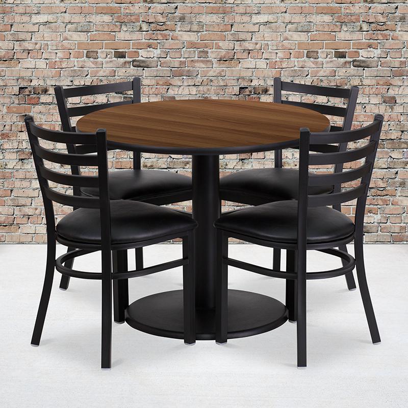 36'' Round Walnut Laminate Table Set with Round Base and 4 Ladder Back Metal Chairs - Black Vinyl Seat. Picture 2