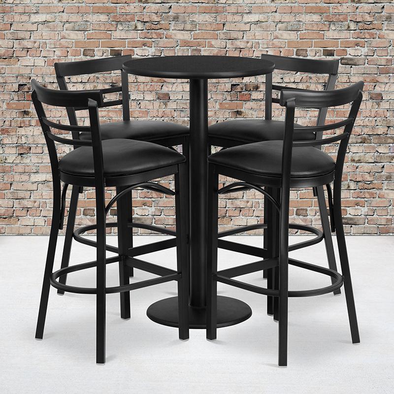 24'' Round Black Laminate Table Set with Round Base and 4 Two-Slat Ladder Back Metal Barstools - Black Vinyl Seat. Picture 2