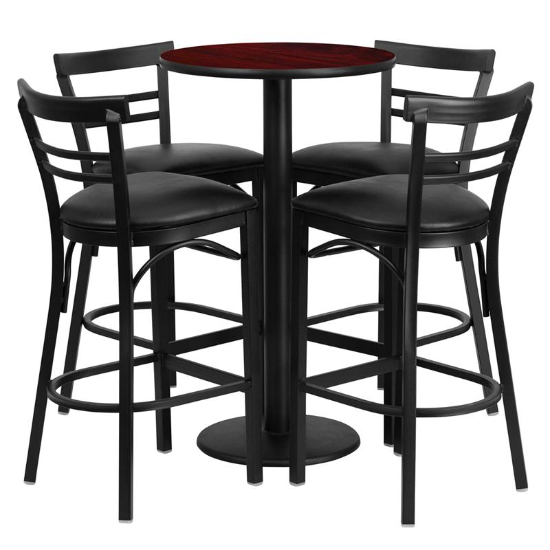 24'' Round Mahogany Laminate Table Set with Round Base and 4 Two-Slat Ladder Back Metal Barstools - Black Vinyl Seat. Picture 1