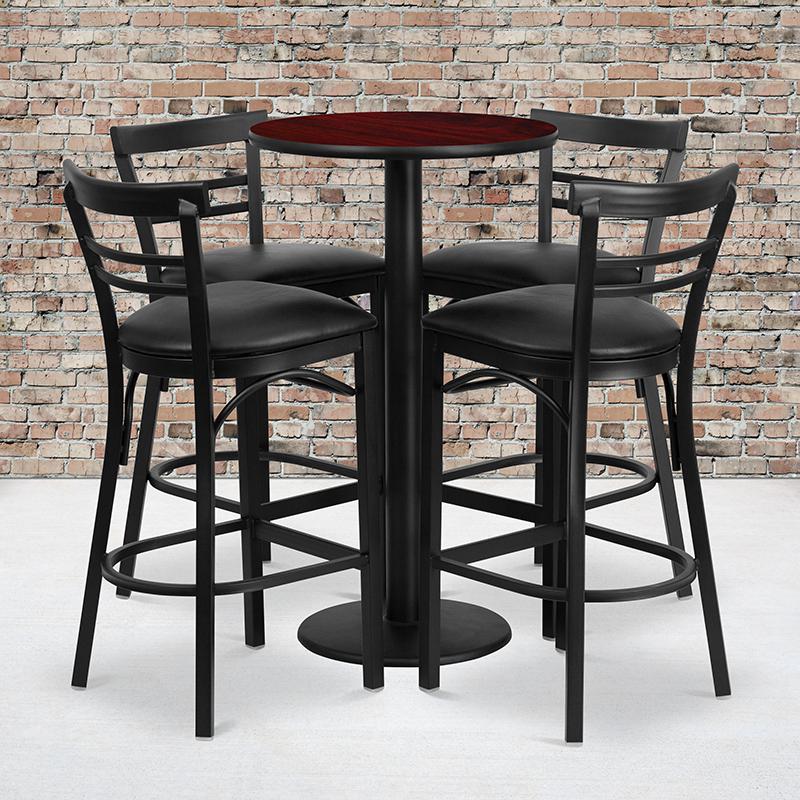 24'' Round Mahogany Laminate Table Set with Round Base and 4 Two-Slat Ladder Back Metal Barstools - Black Vinyl Seat. Picture 2