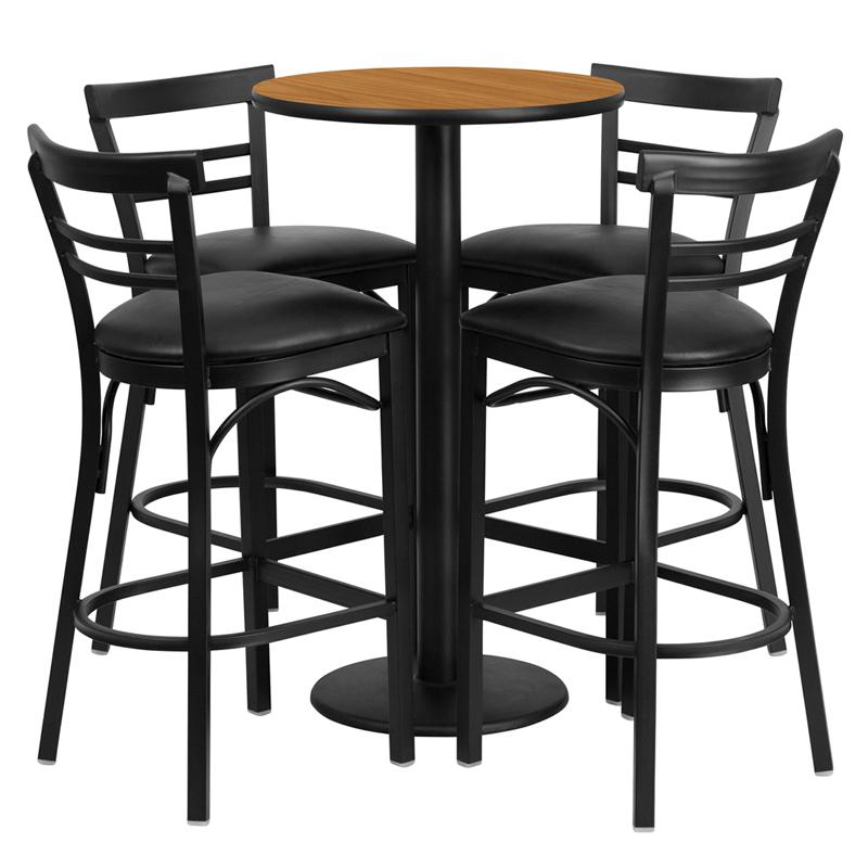 24'' Round Natural Laminate Table Set with Round Base and 4 Two-Slat Ladder Back Metal Barstools - Black Vinyl Seat. Picture 1