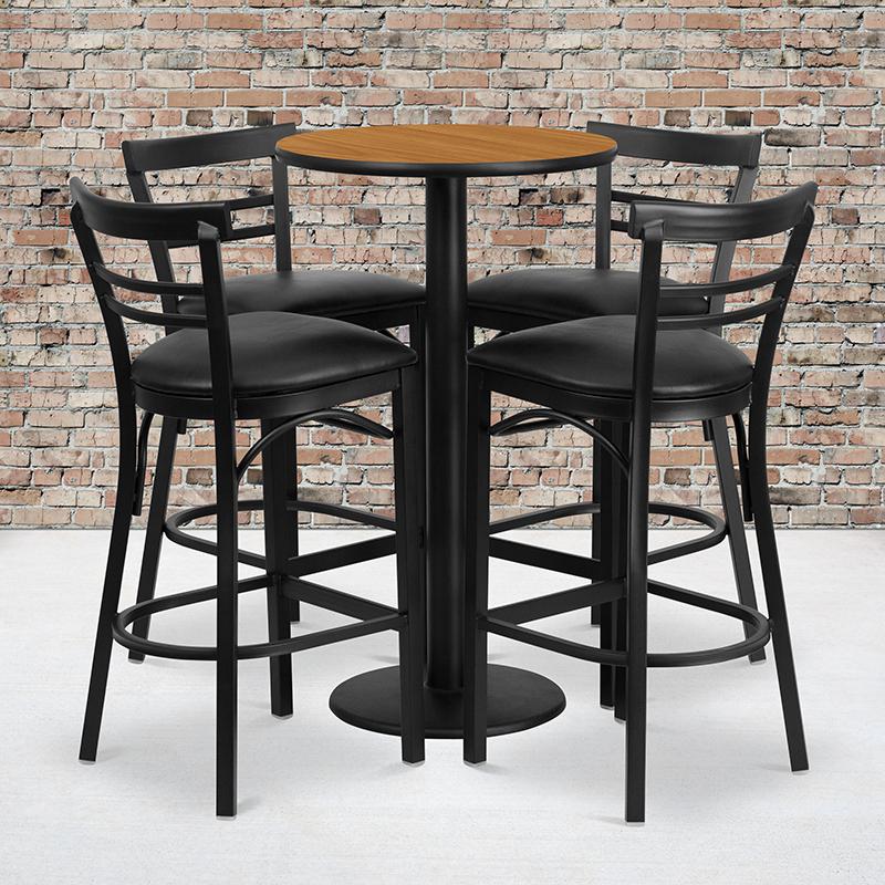 24'' Round Natural Laminate Table Set with Round Base and 4 Two-Slat Ladder Back Metal Barstools - Black Vinyl Seat. Picture 2