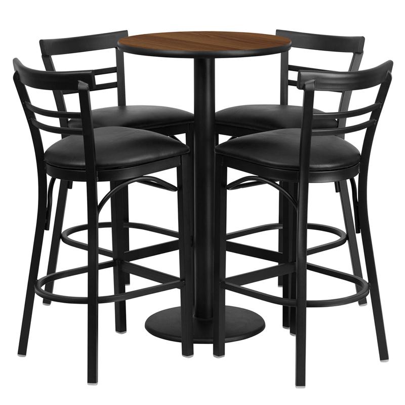 24'' Walnut Table Set with 4 Two-Slat Metal Barstools - Black Vinyl Seat. Picture 2