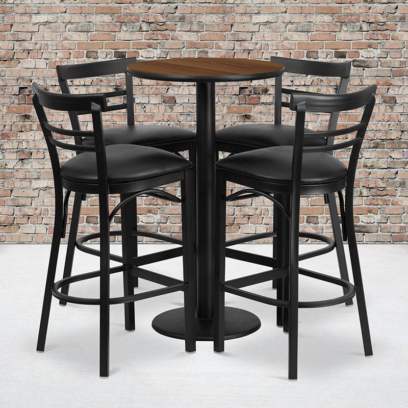 24'' Walnut Table Set with 4 Two-Slat Metal Barstools - Black Vinyl Seat. Picture 1
