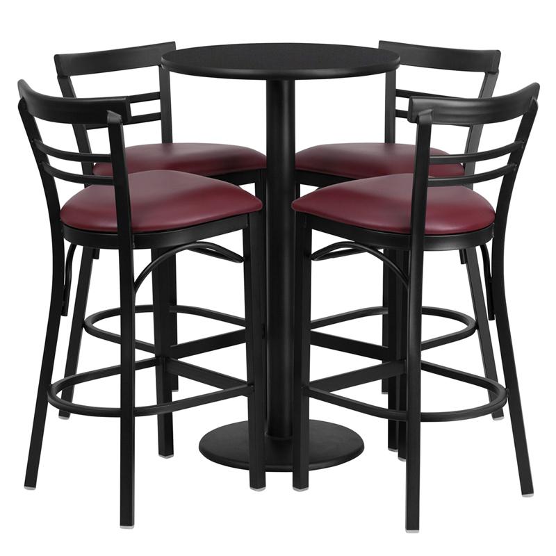 24'' Black Table Set with 4 Two-Slat Metal Barstools - Burgundy Vinyl Seat. Picture 1
