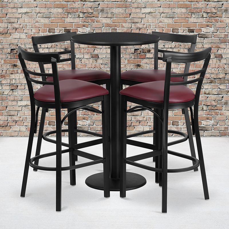 24'' Black Table Set with 4 Two-Slat Metal Barstools - Burgundy Vinyl Seat. Picture 2
