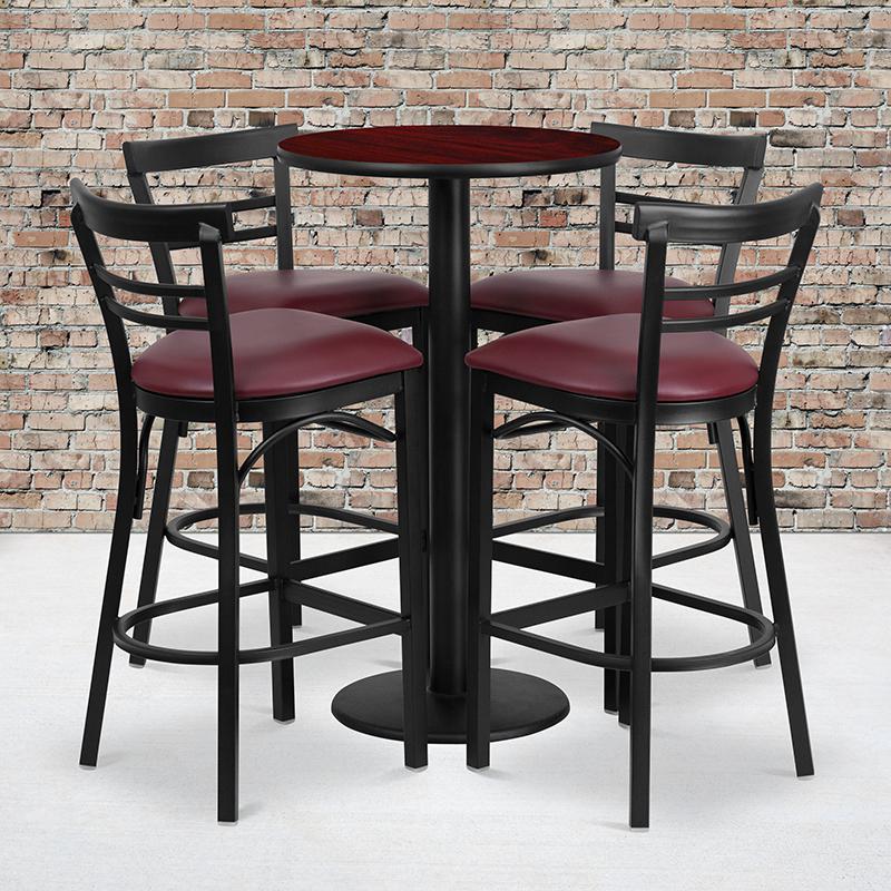 24'' Mahogany Table Set with 4 Two-Slat Metal Barstools - Burgundy Vinyl Seat. Picture 1
