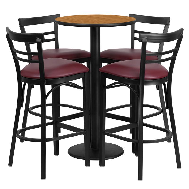 24'' Natural Table Set with 4 Two-Slat Metal Barstools - Burgundy Vinyl Seat. Picture 2
