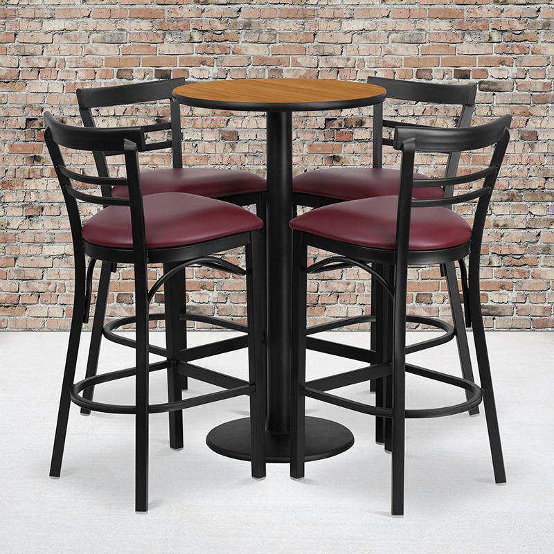24'' Natural Table Set with 4 Two-Slat Metal Barstools - Burgundy Vinyl Seat. Picture 1