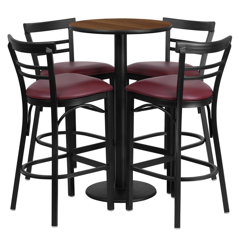 24'' Walnut Table Set with 4 Two-Slat Metal Barstools - Burgundy Vinyl Seat. Picture 2