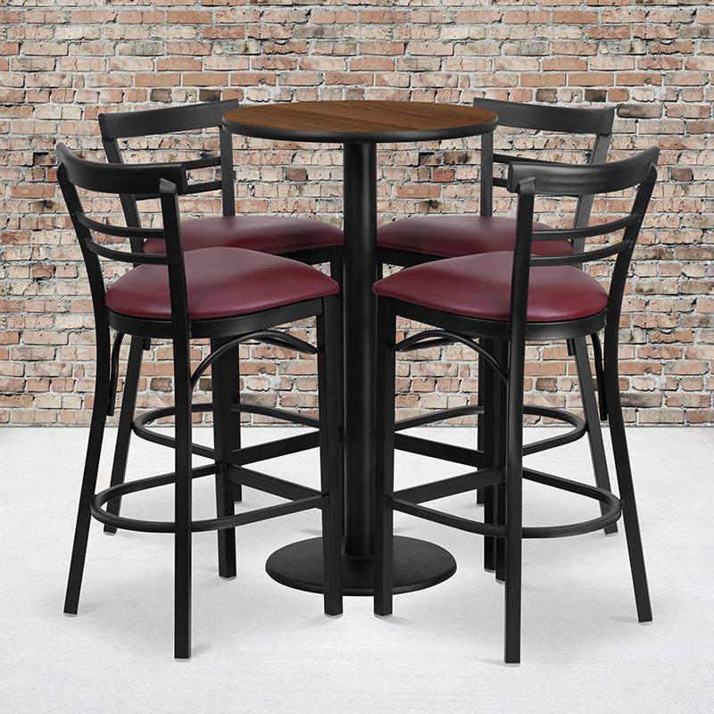 24'' Round Walnut Laminate Table Set with Round Base and 4 Two-Slat Ladder Back Metal Barstools - Burgundy Vinyl Seat. Picture 2