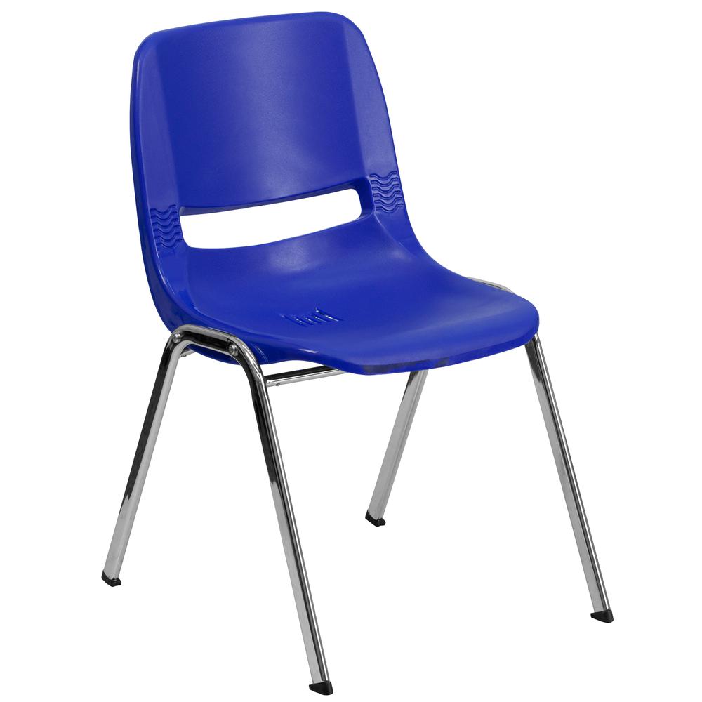 440 lb. Capacity Kid's Navy Ergonomic Shell Stack Chair with Chrome Frame and 14" Seat Height. The main picture.
