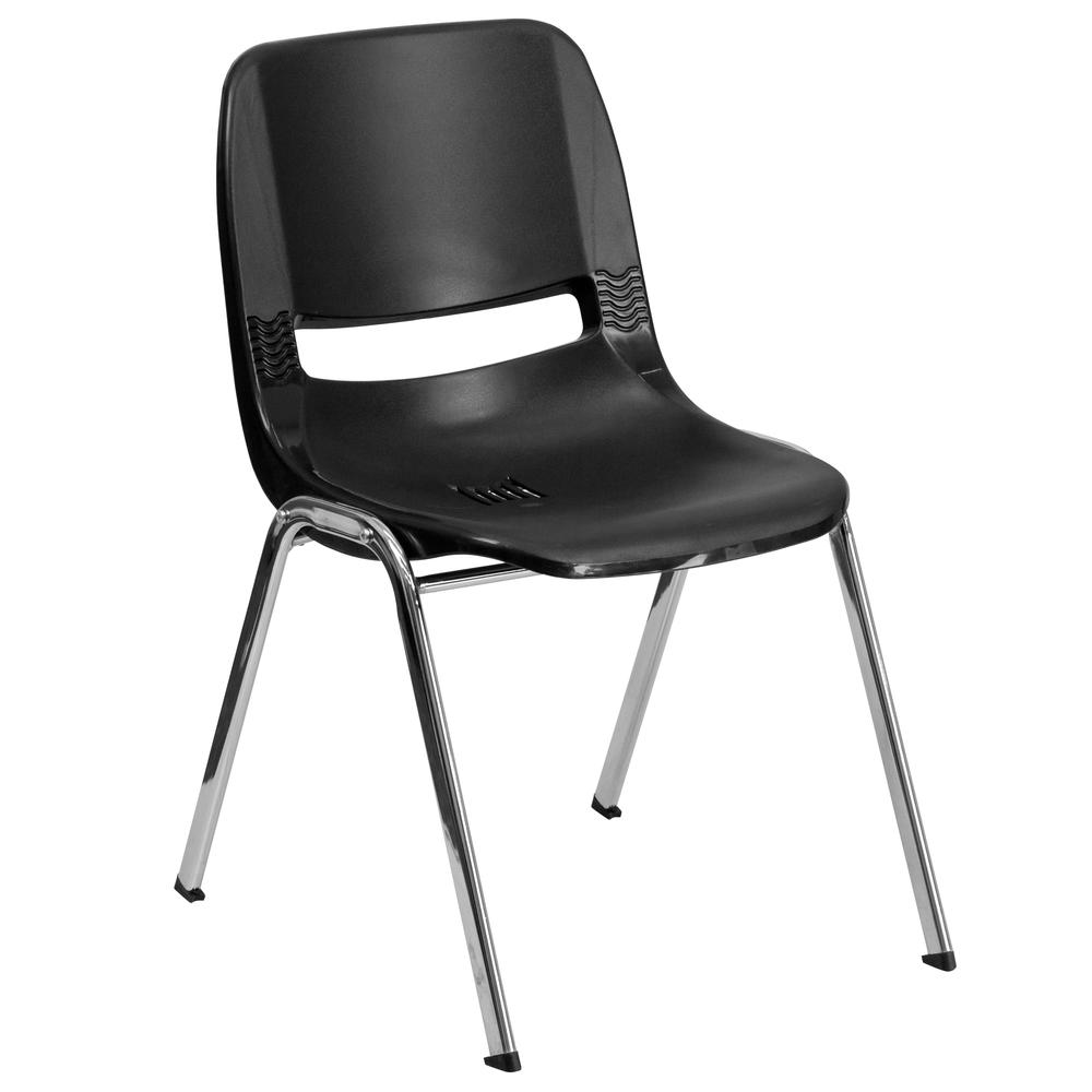 661 lb. Capacity Black Ergonomic Shell Stack Chair with Chrome Frame and 16'' Seat Height. Picture 1