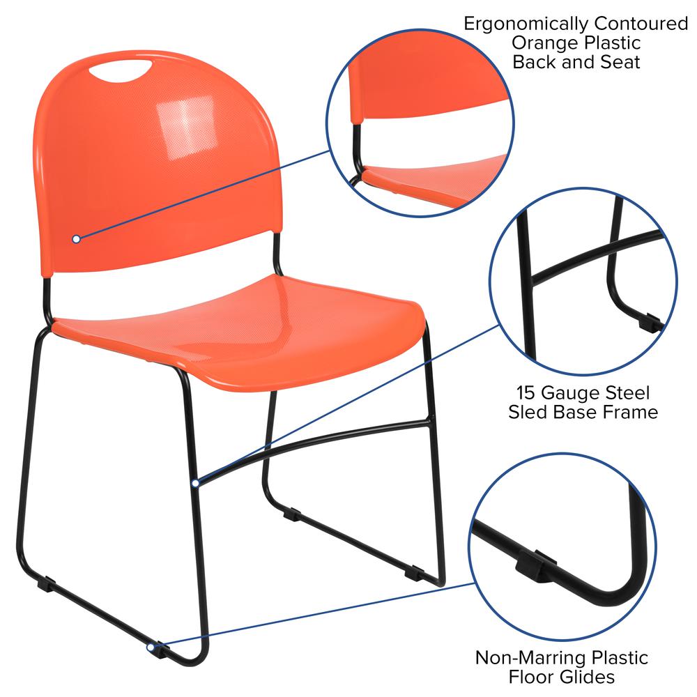 880 lb. Capacity Orange Ultra-Compact Stack Chair with Black Powder Coated Frame. Picture 2