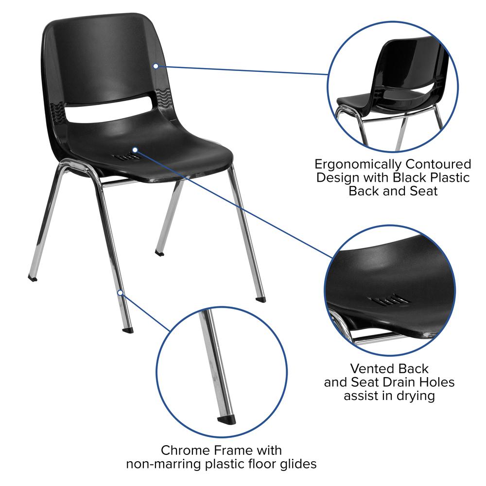 880 lb. Capacity Black Ergonomic Shell Stack Chair with Chrome Frame and 18'' Seat Height. Picture 5